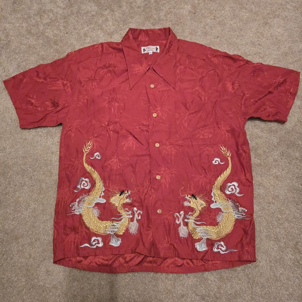 Orient Express Shirt Mens Large Red Dragon Embroidered Short Sleeve Button Up